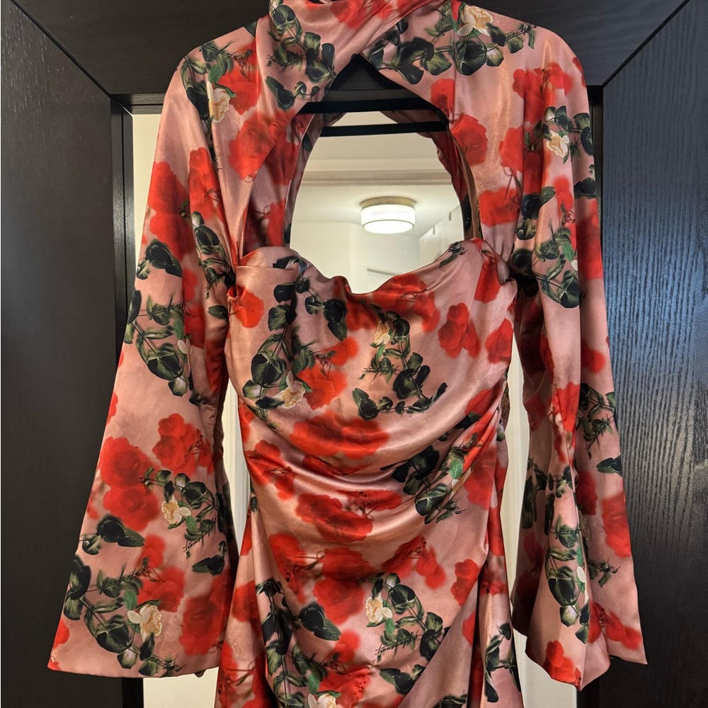 House of CB Toira Size L Pink Satin Dress with Red Floral Print - Picture 3 of 7